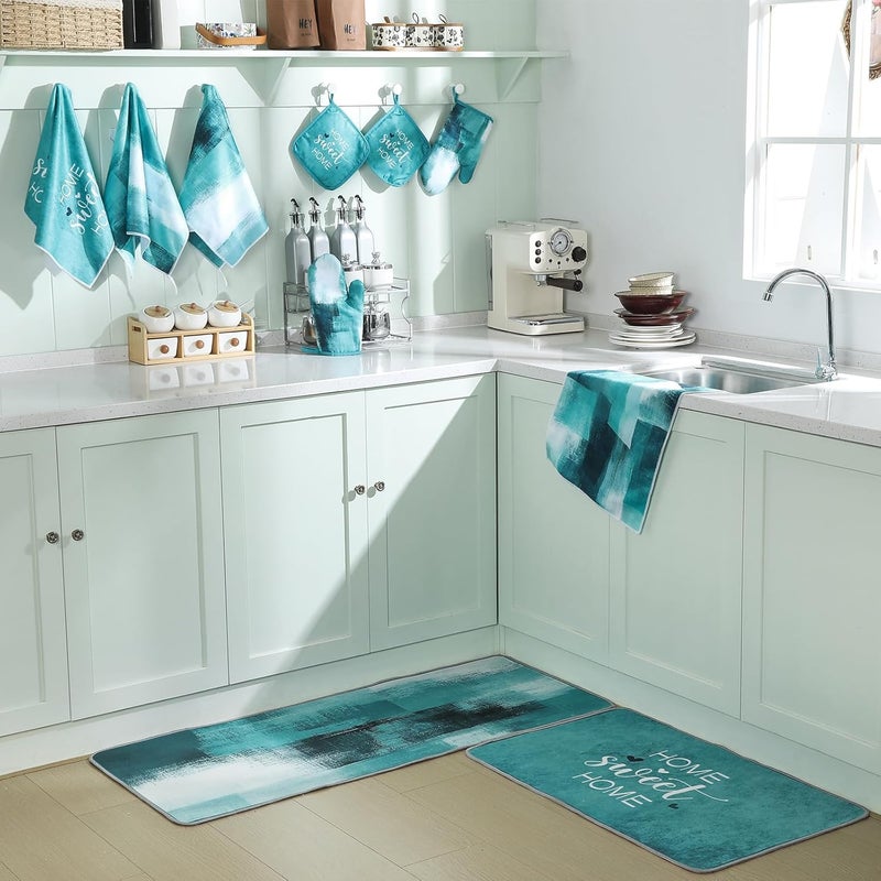 Fourluoo 10 Pcs Teal Turquoise Oven Mitts and Pot Holders Kitchen Decor and Accessories Set Turquoise Kitchen Towels Modern Boho Oven Gloves for Home Decorations Cooking Baking Housewarming Gifts - Image 4